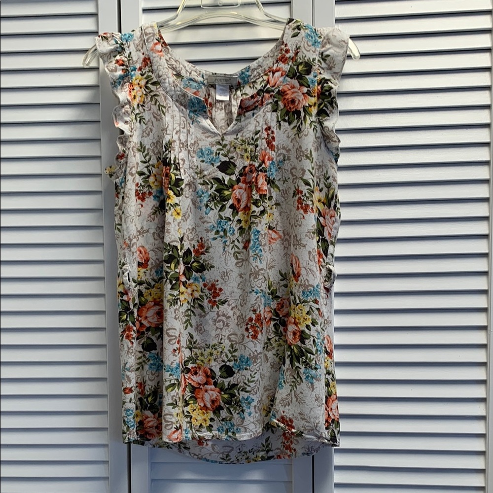 Lightweight Semi Sheer Floral Blouse Prairie Feminine Tunic Ruffle Short Sleeves